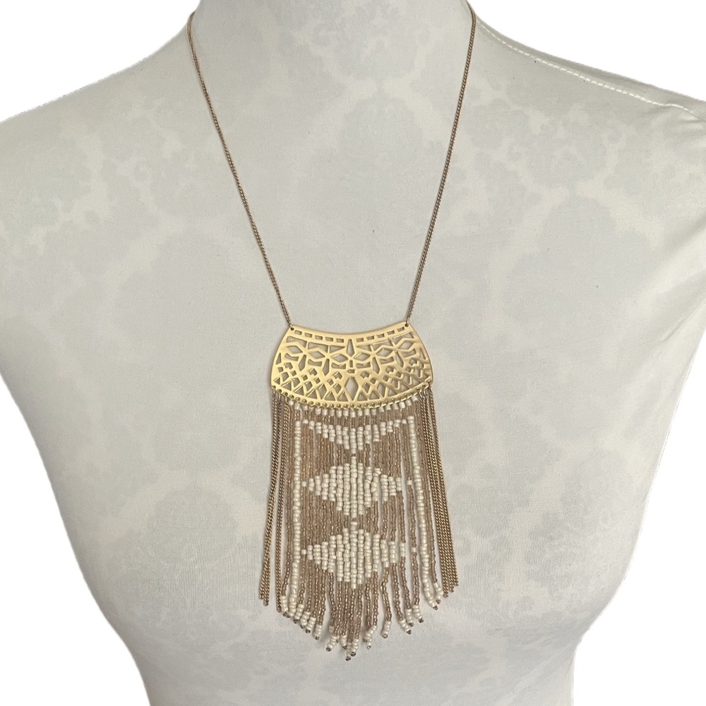 Stella & Dot Statement Fringe Necklace – Gold & Beaded Pendant
